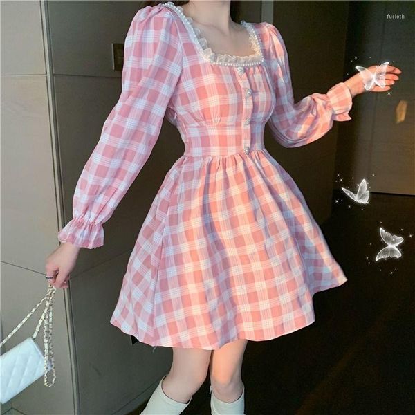 Lässige Kleider Mini-Lolita-Kleid mit quadratischem Kragen und Spitze, rosa, schwarz, kariert, japanische Frauen, Perlen, niedlich, Kawaii, feminin, Frühling und Sommer