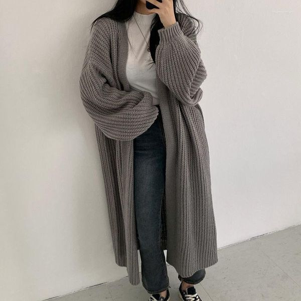 Malhas femininas casuais de malha longa cardigan mulheres tops vintage sweeters soltos maxi casaco superdimensionado jumper coreano Autumn Cloth Plus