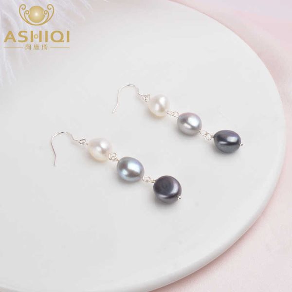 Очарование Ashiqi Natural Baroque Pearl 925 Серьмя серебряного серебряного серебряного серебра для женщин Черная пресноводная жемчуга