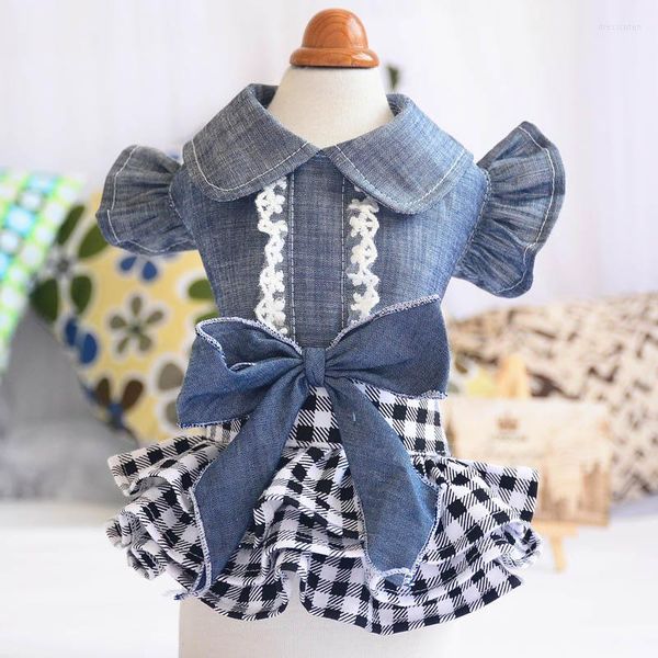 Abbigliamento per cani Abito estivo in denim sottile per cani Camicia in jeans con maniche a sbuffo Camicia in cotone scozzese Tutu Gonna Abiti da cowboy Chihuahua Yorkies Barboncino