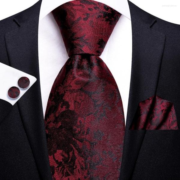 Fliegen Burgund Schwarz Blumen 2023 Elegante Herren Krawatte Herren Krawatte Für Männer Business Handky Manschettenknöpfe Hi-Tie Designer