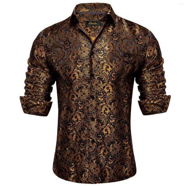 Camicie eleganti da uomo di lusso per uomo Top a maniche lunghe in poliestere di seta paisley oro Camicia abbottonata per feste di nozze Abbigliamento firmato