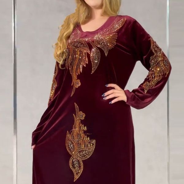 Ethnische Kleidung Elegante Samt-Abendkleider für Frauen 2023 Winter Langarm-Kaftan-Maxikleid Abaya Dubai Türkei Muslimische afrikanische Kleidung 230324