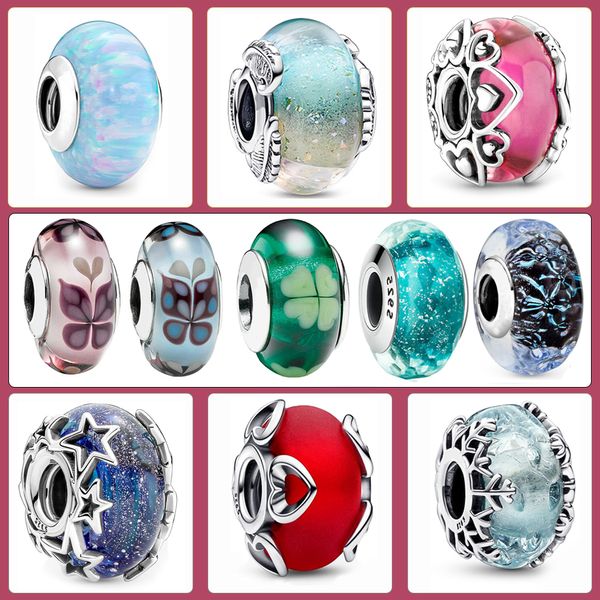 2023 Nuovo argento sterling 925 perline di vetro colorato di Murano con ciondolo a forma di piuma adatto per braccialetti Pandora per ragazze, gioielli raffinati