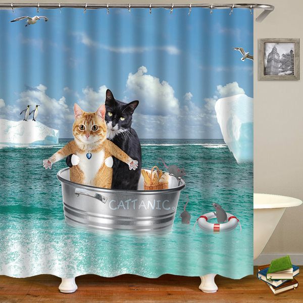 Cortinas de chuveiro cortinas de chuveiro de gato banheiro fofo 3D tecido com ganchos engraçados à prova d'água ou mat 230324