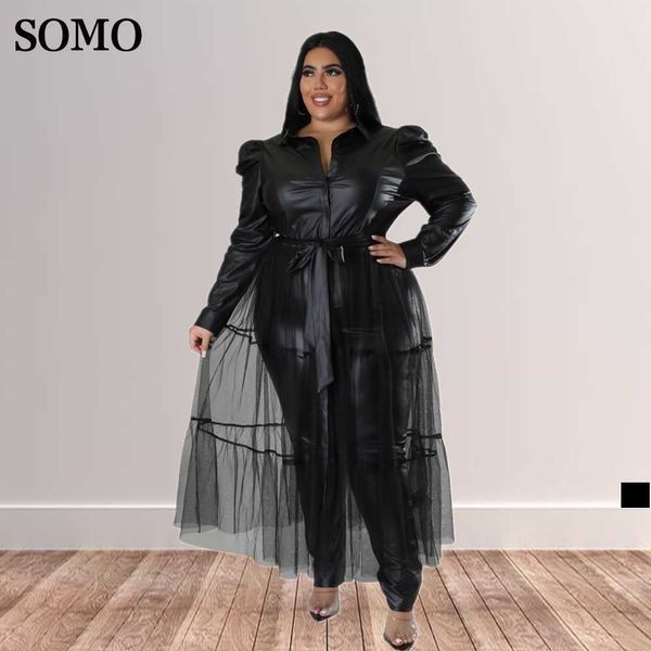 Plus Size Kleider Somo Neue Frauen Kleidung Leder Patchwork Mesh Schwarz Langarm Chic Maxi Kleid Großhandel Dropshipping 230307