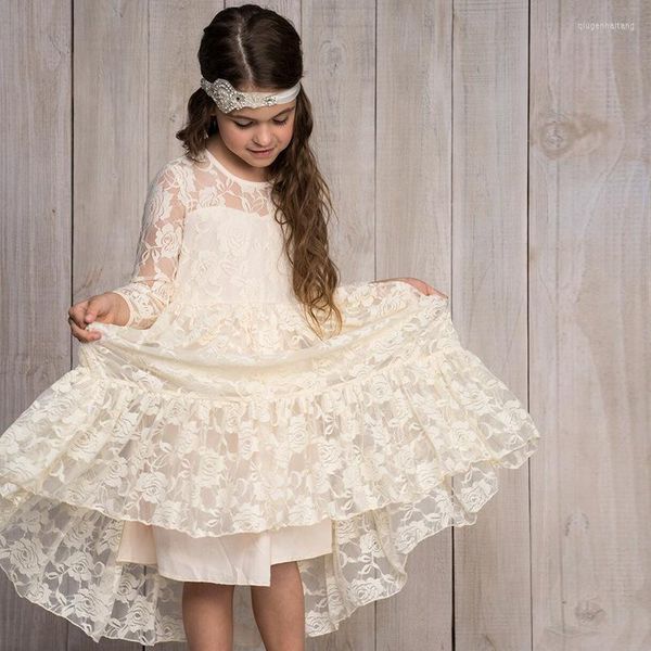 Abiti da ragazza Ragazze romantiche per bambini Abito in pizzo a maniche lunghe Fiore Matrimonio Modello rosa Hallow Out Straight Beach Vestido Abbigliamento