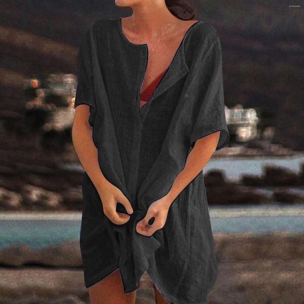 Abiti casual abito da spiaggia in lino di cotone 2023 donne costume da bagno camicia da donna camicia da spiaggia mini camicetta copriba