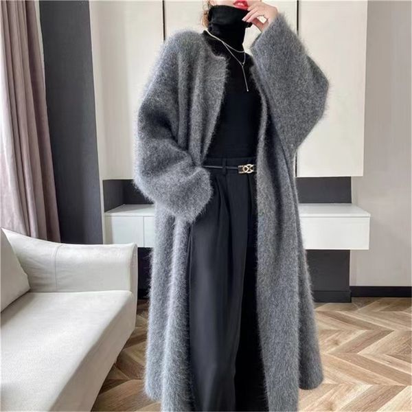 Maglieria da donna T-shirt Autunno Inverno Capelli lunghi sciolti Fluffy visone Cashmere Cardigan in pile Cappotto maglione Angora spesso JZ0 230324