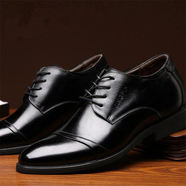 Kleidschuhe für Herren, formelle Echtleder-Absätze, 6 cm, Aufzug, handgefertigte Herrenschuhe, schwarze Oxford-Spitze