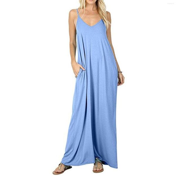 Vestidos casuais macacão feminino feminino solto sling vestido de praia encobrir longa cami maxi com bolso d88