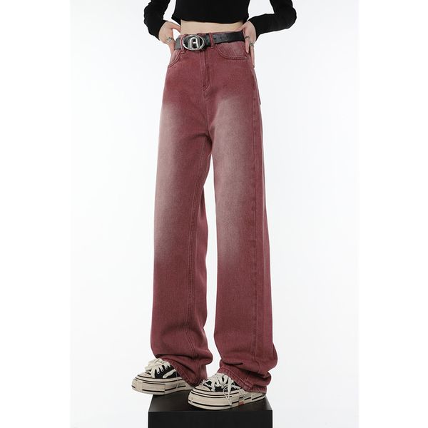 Damenjeans, Vintage-Stil, Rot, gerade, hoch tailliert, Damenjeans, amerikanische Mode, Streetwear, Denim-Hose, lässig, Farbverlauf, Denim, weites Bein, Hose 230325