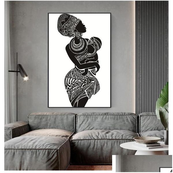 Dipinti Immagine della parete bianca Poster Stampa Decorazioni per la casa Beautif Donna africana con camera da letto per bambini Arte della tela Pittura Black And Drop Deli Dh6Hs