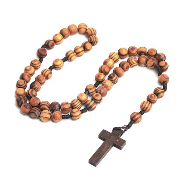 Religion Holz Kreuz Anhänger Halsketten Für Frauen Männer 10 MM Holz Perlen Kette Gläubiger Gebet Taufe Schmuck Geschenk