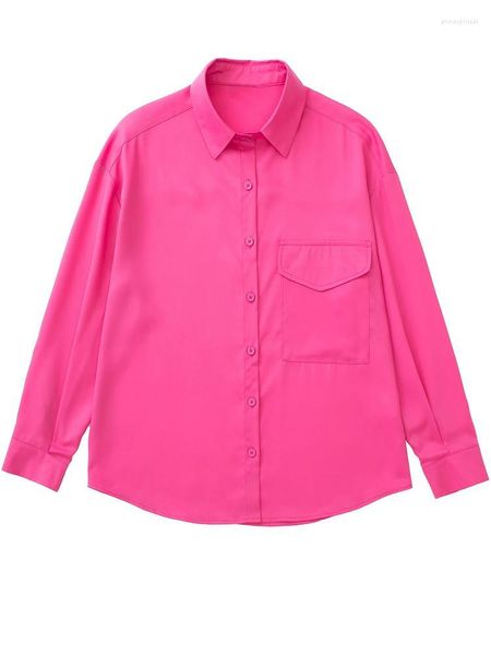 Camicette da donna Camicie da donna 2023 Raso e donna Camicia rosa con bottoni larghi Donna Casual Top a maniche lunghe Streetwear femminile Estate