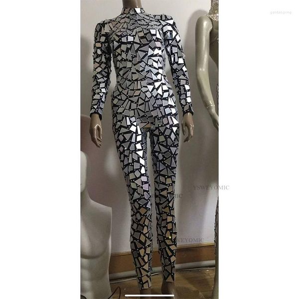 Stage Wear Specchi argentati scintillanti Tuta con strass Donna Compleanno Festeggia leggings Completo Bar Ballerino Paillettes e vestito