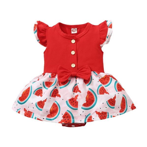 Mädchenkleider Girl's Born Sommerspielanzug Kleid Baby Mädchen Wassermelonendruck Ärmel Rundhals Knopf mit Schleife