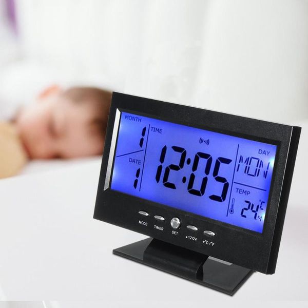 Uhren Zubehör Andere LCD-Wecker mit Sprachsteuerung, kreatives Hygrometer, Wetter, ewiger Kalender, Schlummerfunktion, Hintergrundbeleuchtung, digital