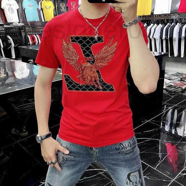 T-shirt da donna firmata Summer new fashion flow girocollo slim fit bottoming shirt personalizzata hot drill manica corta casual T- rete da uomo rosso 3A9T