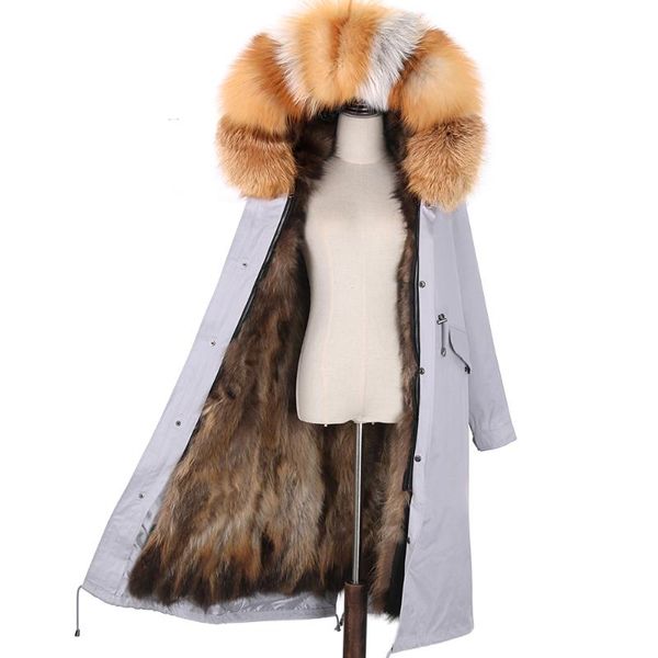 Kadın Kürk Faux 7xl Gerçek Astar Doğal Rakun Yakası Kaput Su Geçirmez Ceketler Kış Palto Kadınlar X-Long Parkas