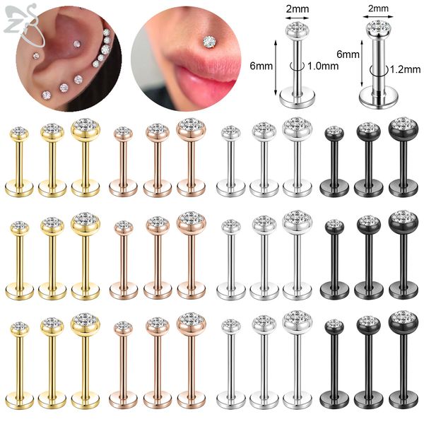 Burun Halkaları Saplamalar ZS 10 PCSlot Altın Renk 1618g Paslanmaz Çelik Labret Dudak Piercingi CZ Kristal Kulak Kıkırdak Tragus Helix Piercings Set 6810mm 230325