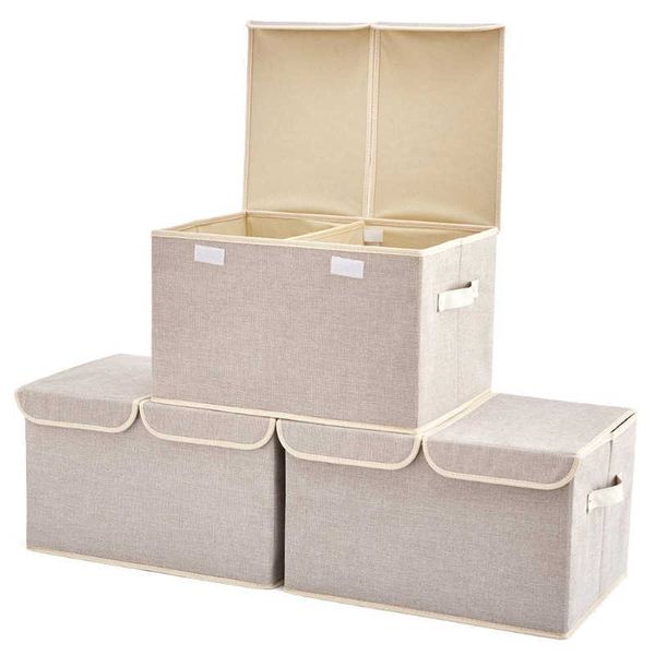 Caixas de armazenamento BINS 3 Pacote de tecido de linho grande grande Cubos de armazenamento Bin Box Recipientes com tampa e alças para armário de berçário Toys de quarto do quarto P230324