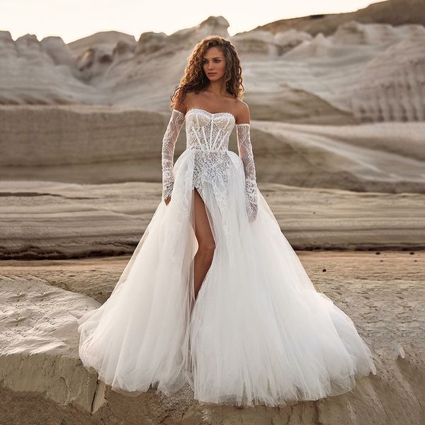 Abito da sposa Boho Abiti da sposa a maniche lunghe staccabili Abiti da sposa all'aperto con gonna a spacco sulla coscia