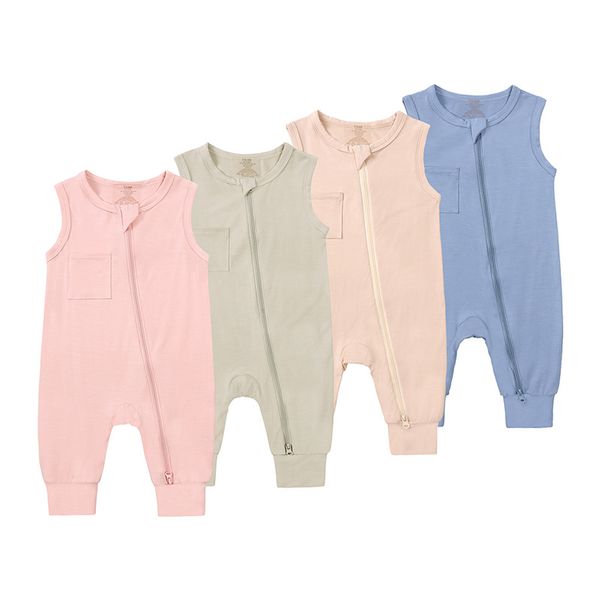 Recém-nascidos Baby Bamboo Fibra Romper Solid Color Color Sleesess Zipper Bodysuit Roupos de macacão 0-24M M4282