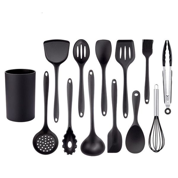 Parti di pentole Set di utensili da cucina in silicone nero Utensili da cucina per pentole antiaderenti Utensili da cucina Spatola con spatola Cucchiaio Pinze per alimenti Kit da cucina 230324