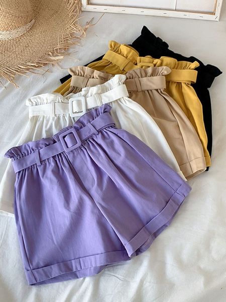 Shorts femininos Mulheres Casual Cantura Alta Algodão Loue Calças curtas Verão Elegante meninas doces garotas largas de pernas largas com cinto coreano 230325