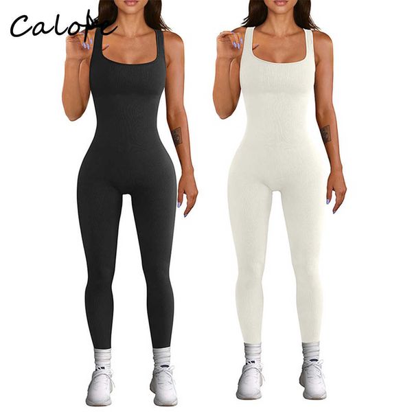 Agasalhos femininos Y2k roupas bodycon macacões para mulheres 2023 sem mangas gola quadrada com nervuras macacão conjunto esportivo yoga fitness z0325