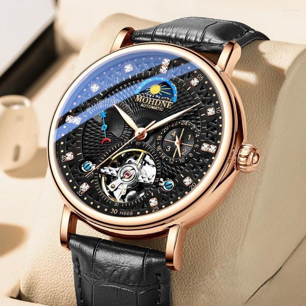 Orologi da polso Orologi in pelle di lusso con lustro di diamanti Orologio meccanico da uomo Orologio da polso da lavoro impermeabile completamente automatico con tourbillon vuoto