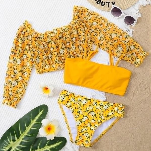 Badebekleidung Blumendruck Mädchen Bademode Bikinis für Kinder Tropfen Kinder 3 Stück Badeanzug Cover Up Set Teenager Badeanzug Biquini 230325