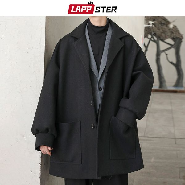 Misto lana da uomo LAPPSTER Cappotto invernale oversize da uomo coreano solido Maschile nero Harajuku Trench in flanella con bottoni e giacche 230325