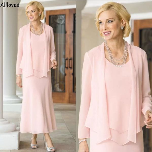 Erröten rosa Chiffon Mutter der Braut Kleider mit langen Ärmeln Jacke gerade Frauen formale Partykleider knöchellang solide Bräutigam Mutter Kleid für Hochzeit CL2082