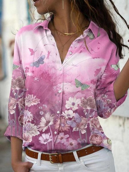 Kadın bluzları 2023 kadın bluz gömlek kelebek çiçek baskısı uzun kollu yaka düğmesi up bayanlar üstleri ofis iş gömlekleri