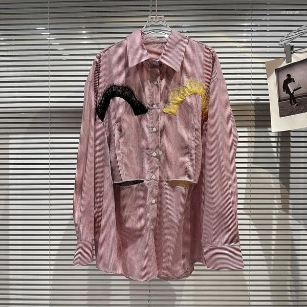 Blusas femininas Preparom 2023 Spring Collection Manga longa Turn Down Collar Lace Hook Flor Hollow Out Rosa Listrado Camisa Loja Mulheres GH451