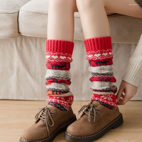 Frauen Socken Herbst Winter Warme Lange Mädchen Fuß Abdeckung Gestrickte Wolle Stiefel Weihnachten Schneeflocke