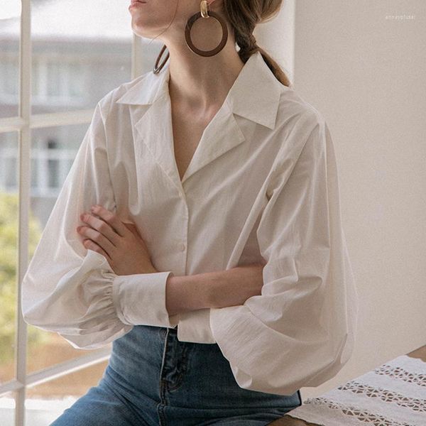 Kadın bluzları Kadın Gömlekleri Zarif Blon Kabarık Kollu Kadınlar İçin Üstler 2023 Ofis Kadın Uzun Vintage Beyaz Gömlek Pamuk