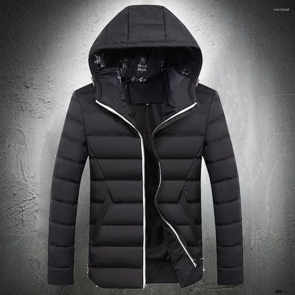 Herren Daunenjacke für Herbst und Winter, leichte schwarze Baumwolle, gepolstert, warme Parkas, lässiger Puffer-Kapuzen-Outwear-Mantel für Herren