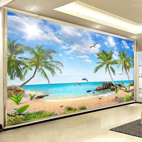 Papéis de parede personalizados 3d po papel de parede de praia beia mares coco pintura de parede moderna para quarto sala de estar de fundo mural de papel de parede