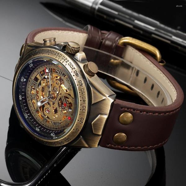 Armbanduhren Retro Automatische Mechanische Uhr Für Männer Skeleton Steampunk Echtes Leder Band Selbstaufziehende Uhren Geschäftsmann Uhr Reloj