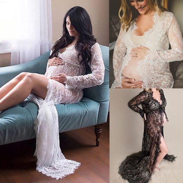 Robes de maternité femmes dentelle col en v Maxi robe à manches longues enceinte photographie Po accessoires vêtements