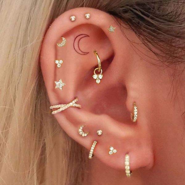 Burun Halkaları Saplamalar Helix Tragus Rook Piercing Küpe Kıkırdak Kıkırdağı Sevimli Ay Yıldız Kabuklu Klip Zirkon Çember Takı 230325