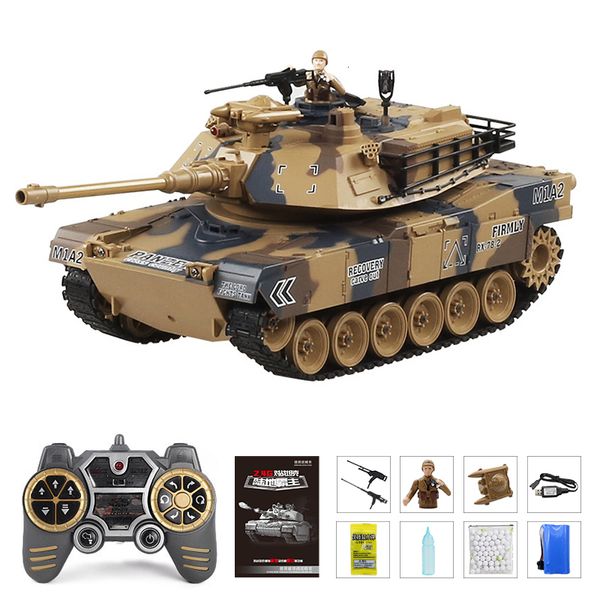 Tanque de controle remoto de carro de carro elétrico M1A2 Modelo Militar de Tiger Tiger Vibratando Bullet 24G 3D estéreo 96V700MA BATERIA DO BATERIA DO GREST 230325