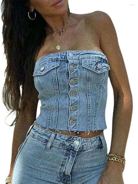 Serbatoi da donna Fashion Ladies Back Pleats Vita alta Wrap Chest Crop Vest Top Donna Sexy senza spalline Monopetto Denim Tube Corsetto Estate