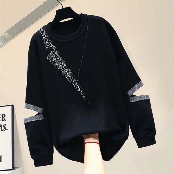 Frauen Hoodies Sweatshirts Handgemachte Diamanten Löcher Oneck Schwarz Sweatshirt Frauen Modis Ins Lose Koreanische Frühling Langarm Tops 230325