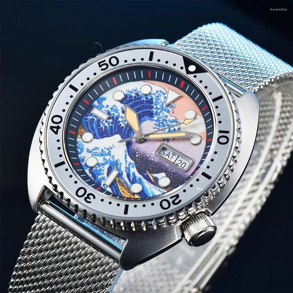 Orologi da polso Big Abalone Orologio meccanico da uomo con movimento Nh36a completamente automatico Giappone Kanagawa Surf Full Bright Super Dial Fa