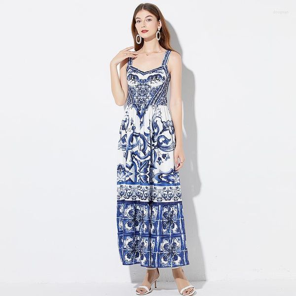 Vestidos casuais vestido de verão fashion feminino tira azul e branco impressão de porcelana de alta qualidade roupas de grife de férias praia maxi