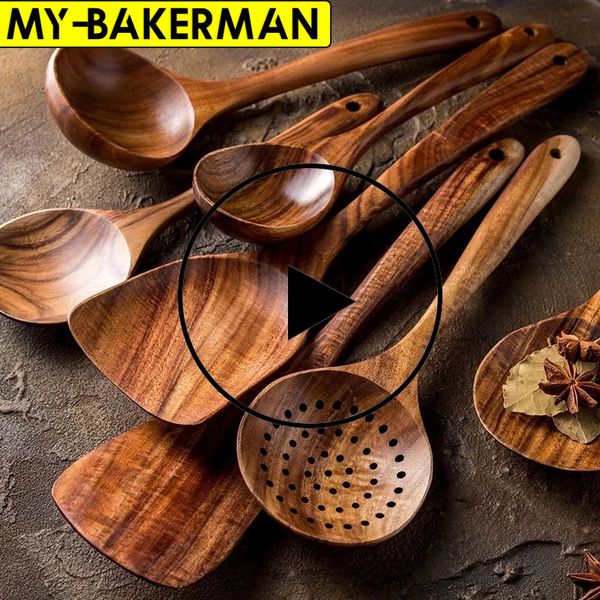 Запчасти для посуды 1-7pcsset Тик натуральный деревянный настольный посуда Spoon Spoon Spoon Spoon Special Nano Soup Skimmer Приготовление ложки деревянная кухонная набор инструментов 230324